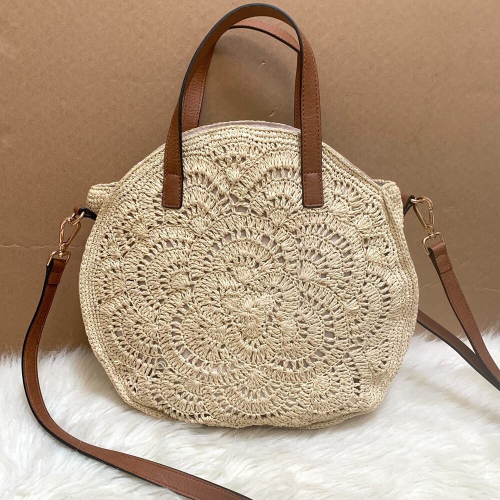 LAUREN CONRAD Large Raffia Straw Woven Round "COOKIE" Circle Bag w/XBody Strap